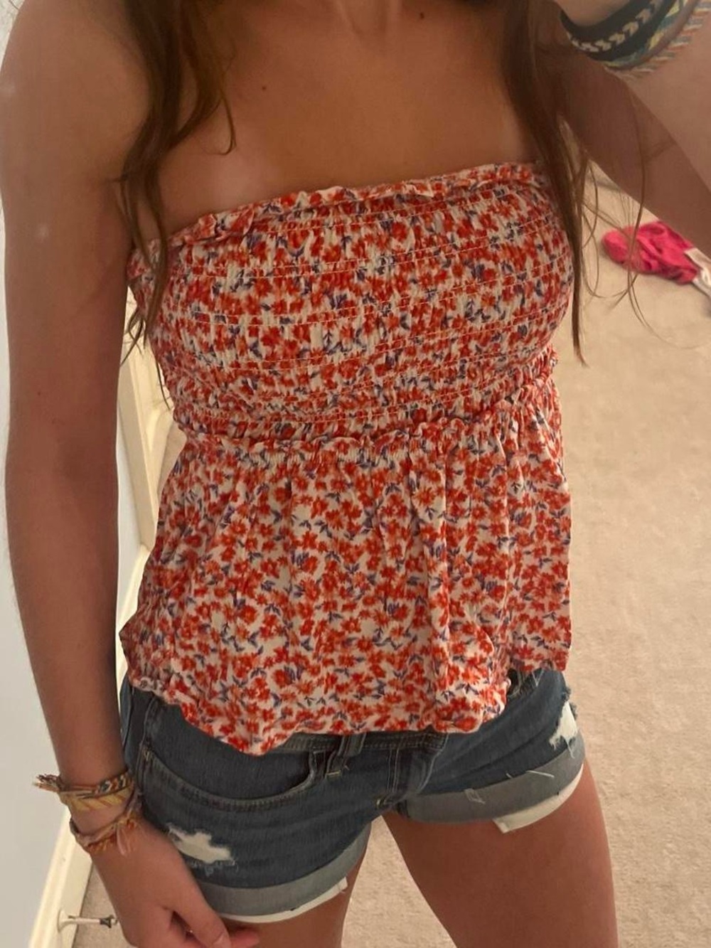 Rewind Orange and White Floral Smocked Tube Camisole